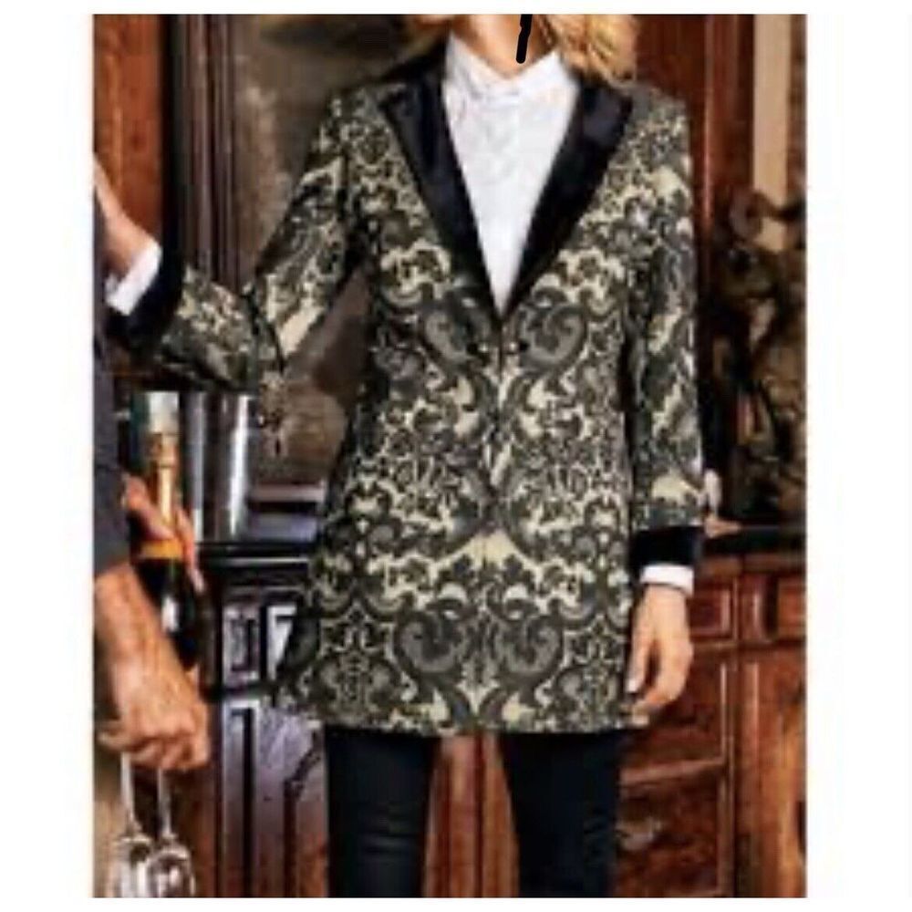 Soft Surroundings Damask Smoking Jacket Velvet Trim Coat Sz XS NEW
